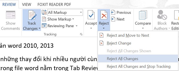 loại bỏ thay đổi track change word 2013