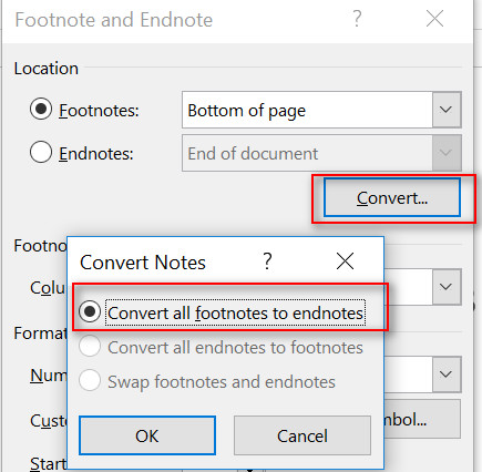 thay đổi giữa footnote và endnote
