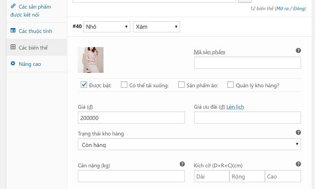 thêm thành phần giá trị cho biến thể