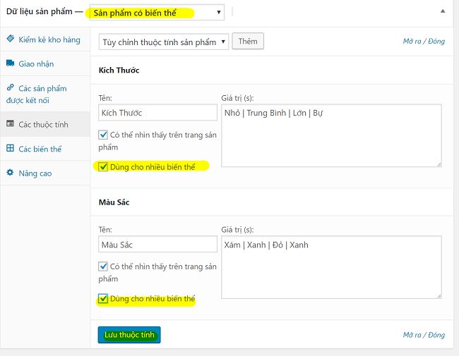 thuộc tính sản phẩm wordpress