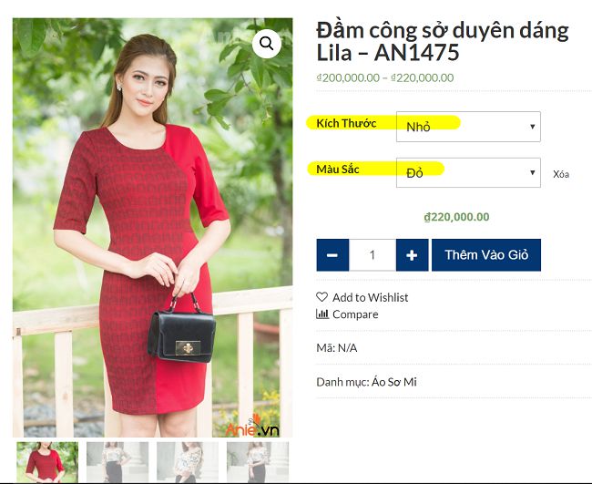 xem kết quả biến thể cho sản phẩm