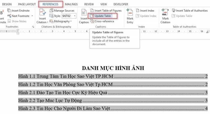 cập nhật danh mục hình ảnh tự động word