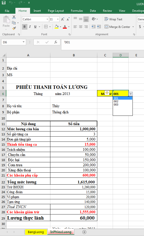Tổ chức File tính lương