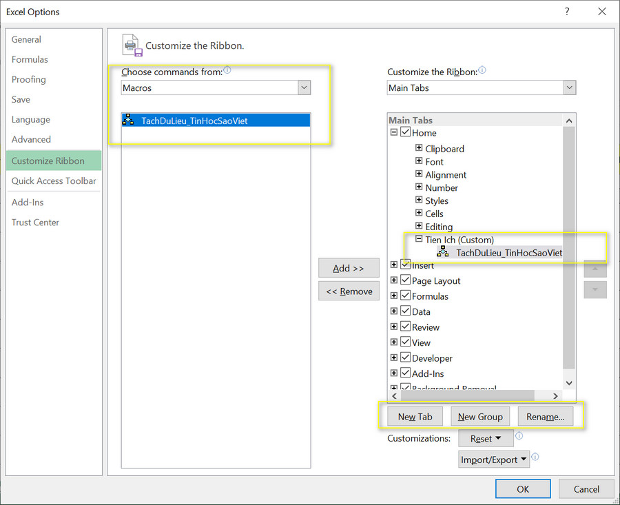 đưa add in tách dữ liệu excel nhiều sheet ra ngoài thanh công cụ