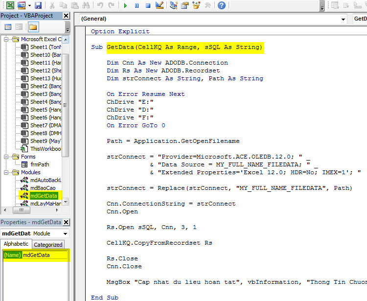 Lấy dữ liệu từ File Excel đang đóng bằng ADO VBA H3