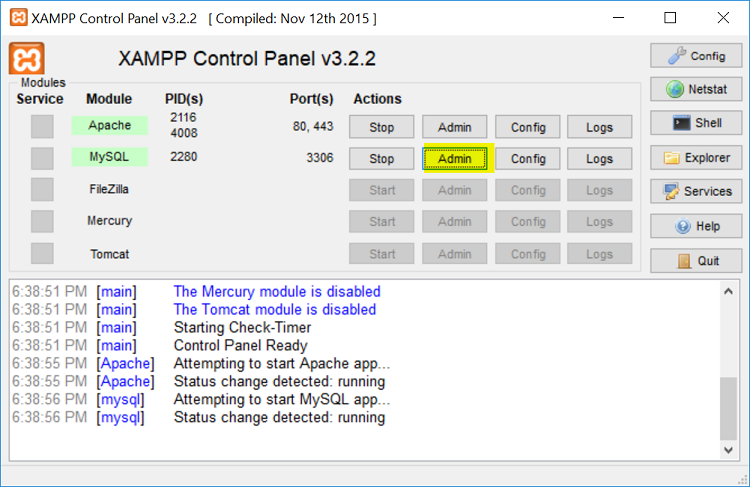 bật ứng dụng xampp