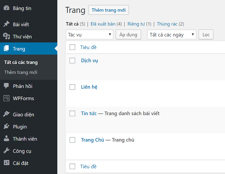 cài đặt các trang con cho website tin tức wordpress