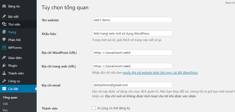 cài đặt thông tin cho website wordpress tin tức