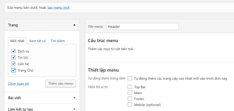 tạo menu danh mục bài viết
