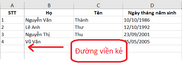 Đường viền kẻ khi cố định cột