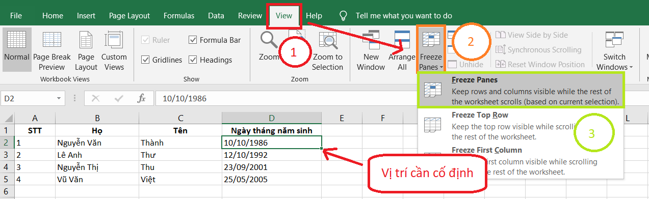 Cố định nhiều cột bằng Freeze Panes