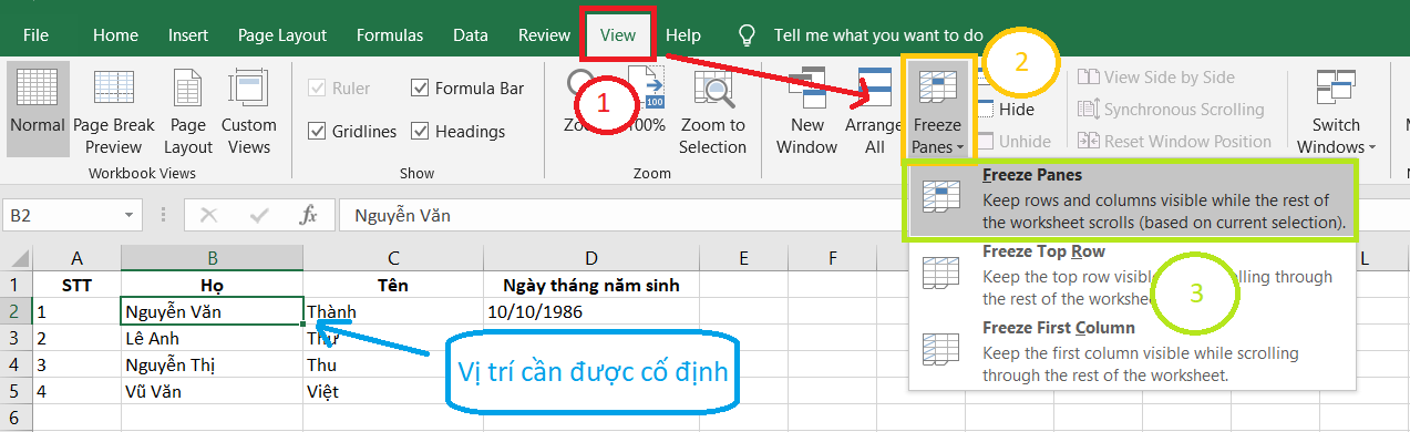 Cố định hàng và cột