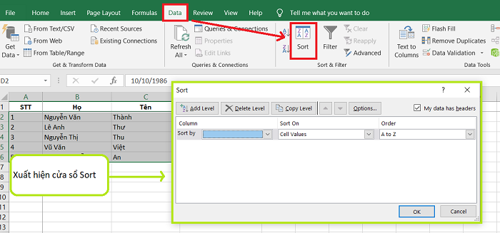 sắp xếp và lọc dữ liệu trong excel 2016
