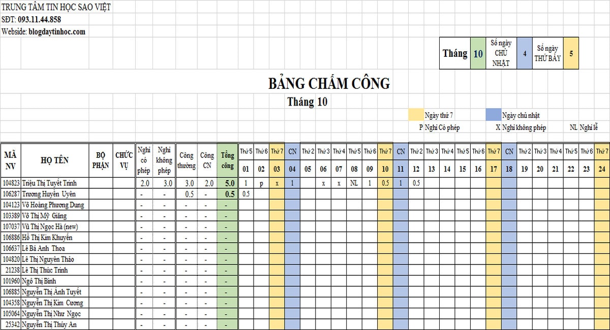 Mẫu chấm công tự động bằng Excel