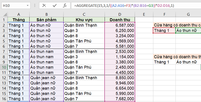 Hàm AGGREGATE tìm giá trị nhỏ nhất