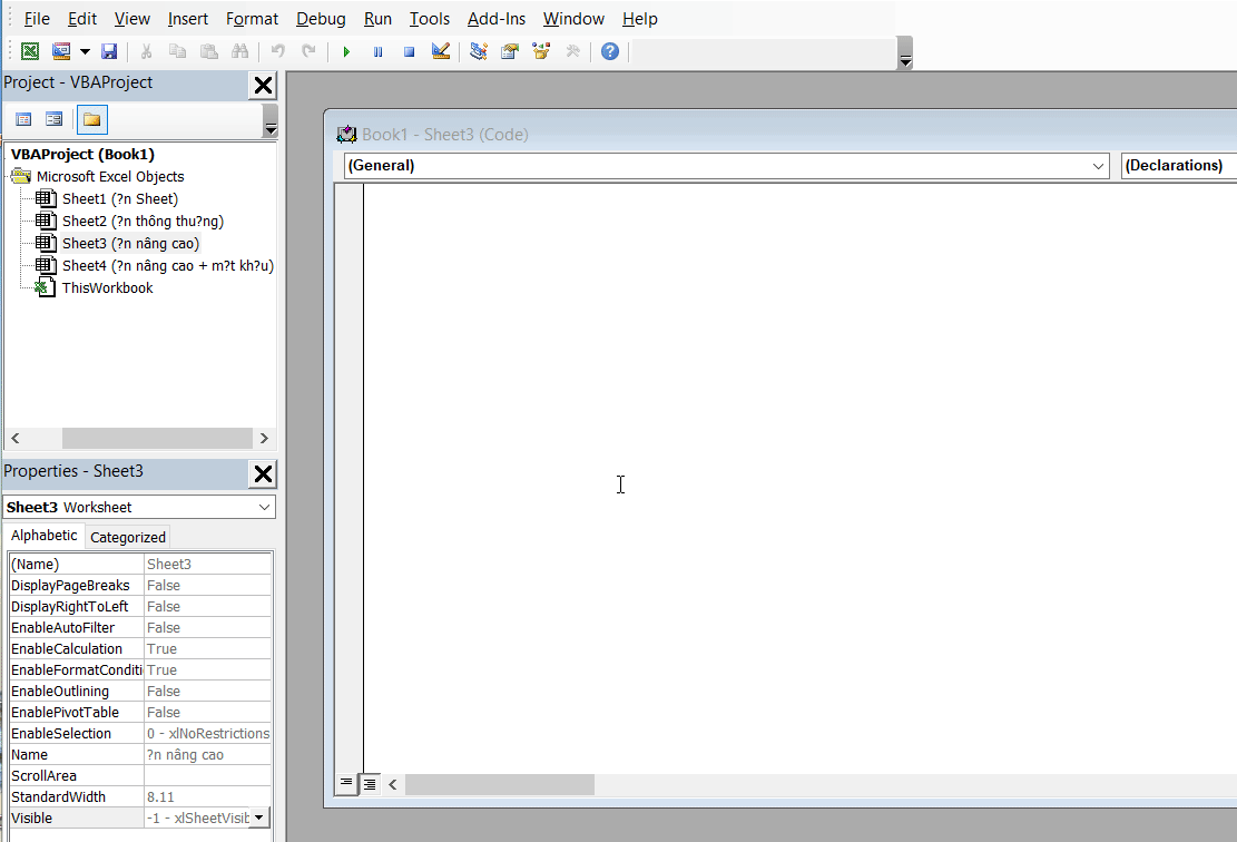Hiển thị VBAProject và Properties