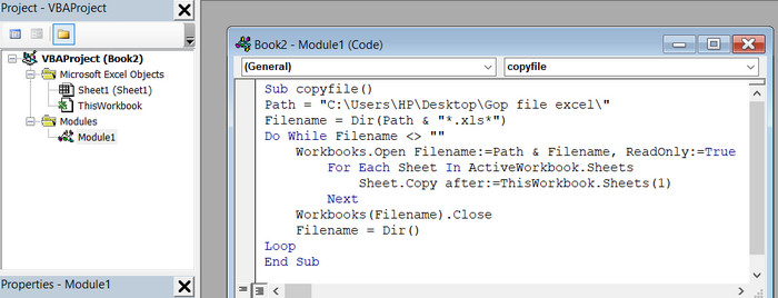Đoạn code VBA được copy vào