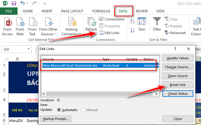 bỏ liên kết file trong excel