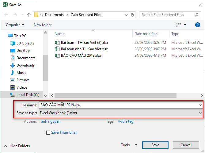 lưu file excel xlsx