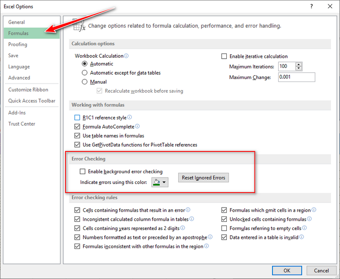 tắt tự động kiểm tra lỗi file excel