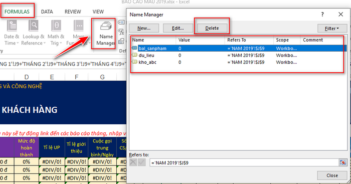 xóa name range trong excel