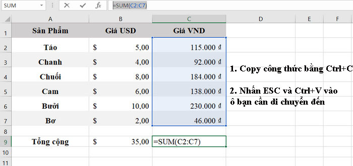 Copy hoặc di chuyển công thức