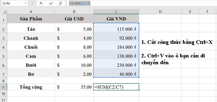 Copy hoặc di chuyển công thức