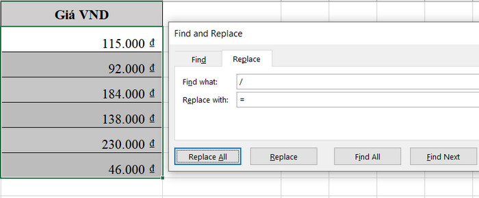kết quả sử dụng find and replace