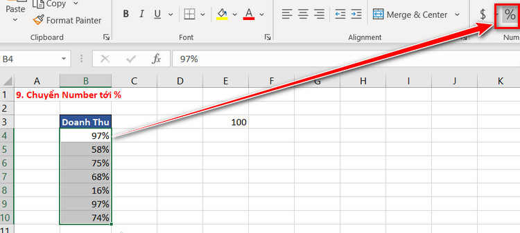phần trăm trong excel