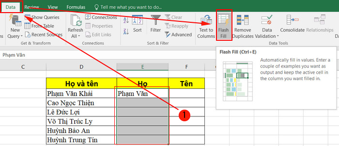 Sử dụng data flash fill