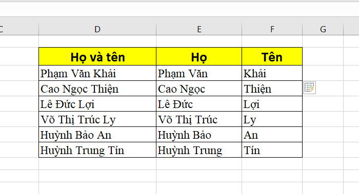 Kết quả sử dụng data flash fill