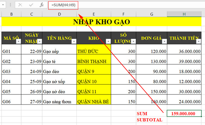 Sử dụng hàm sum thông thường