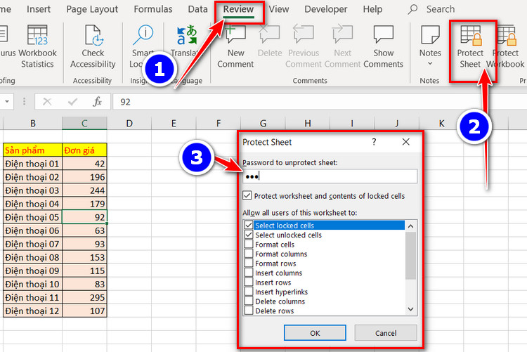 đặt mật khẩu cho sheet