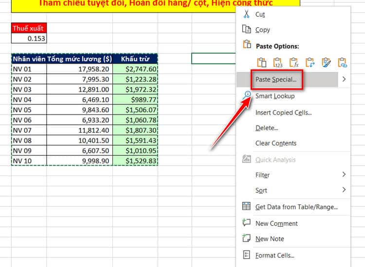 tùy chọn paste trong excel
