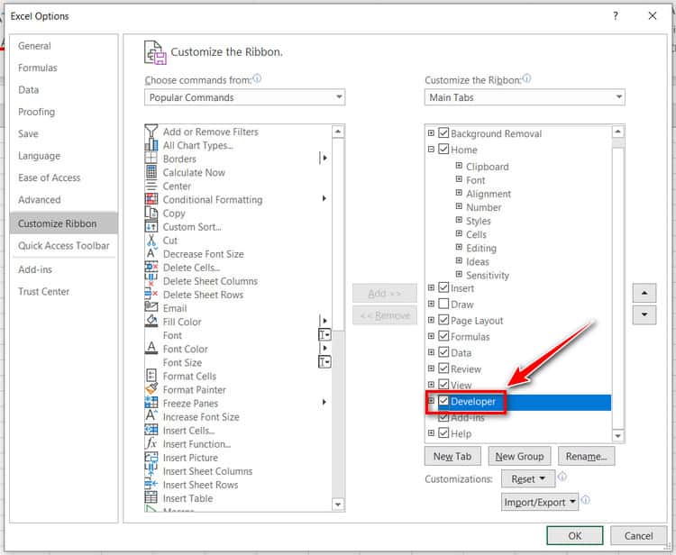 chọn hiển thị thẻ developer