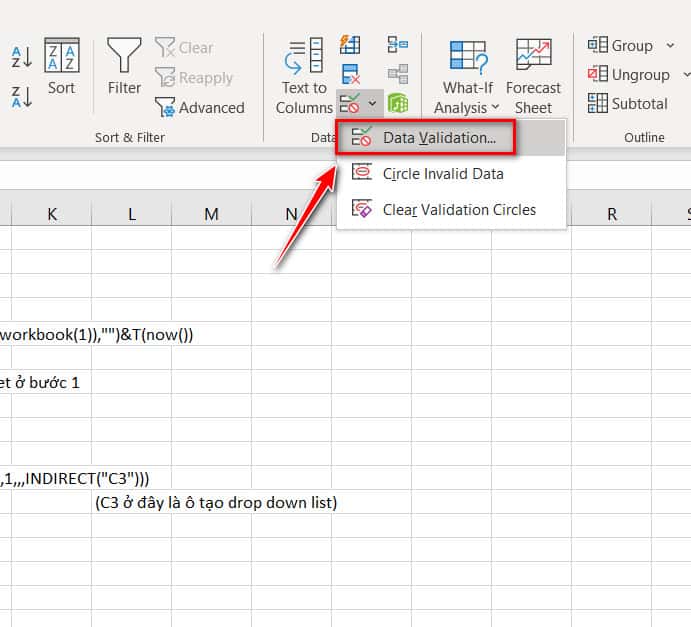 mở hợp thoại data validation