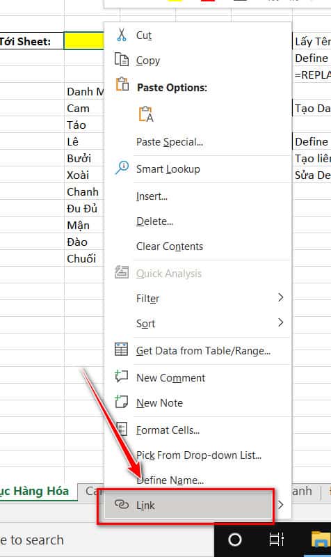 chọn tạo liên kết cho ô chứa dropdown list