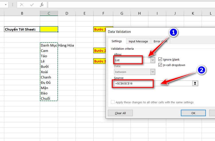chọn vùng dữ liệu để tạo dropdown list