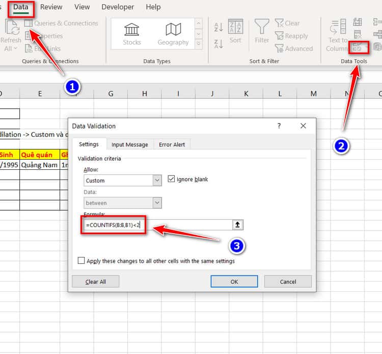 không cho nhập trùng trong excel
