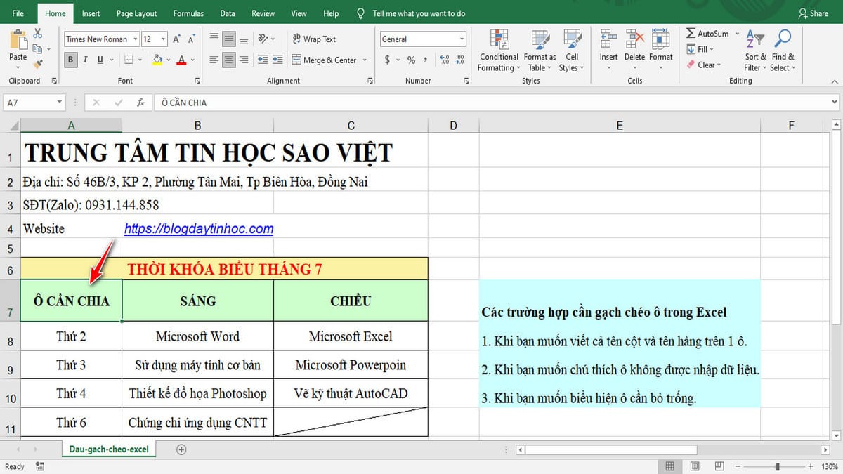 Cách tạo đường gạch chéo ô trong Excel.