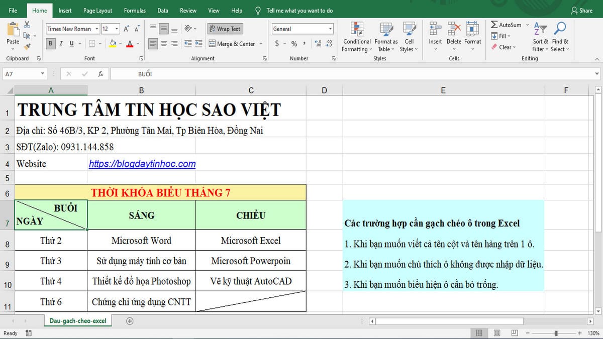 Kết quả Đường Gạch Chéo Ô Trong Excel.