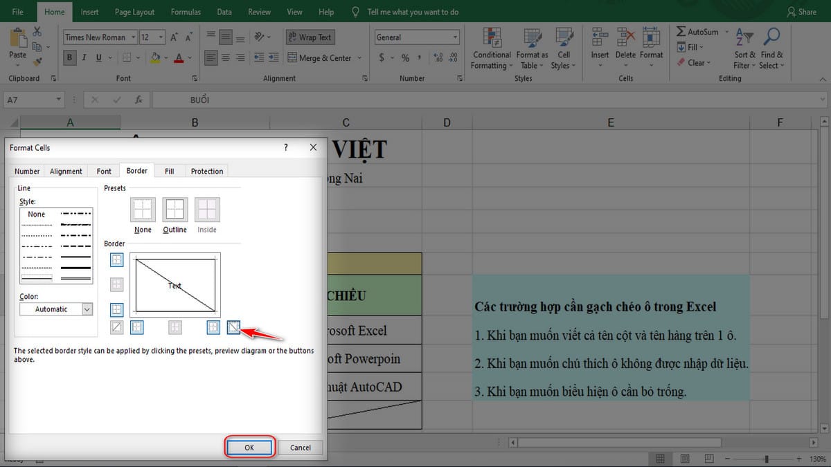 Cách bỏ đường gạch chéo ô trong Excel.