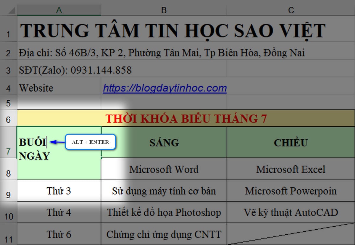 Cách xuống dòng trong ô Excel.