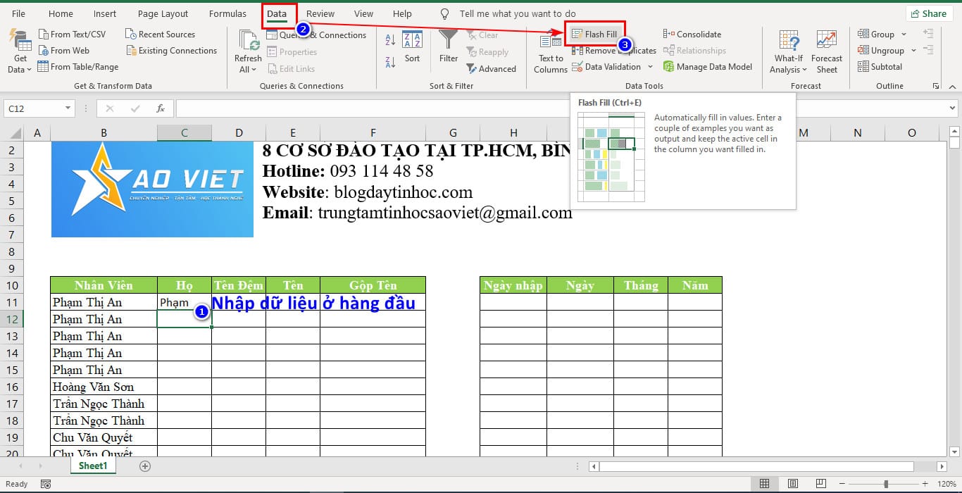 Chọn Tab Data, nhấp vào công cụ Flash Fill