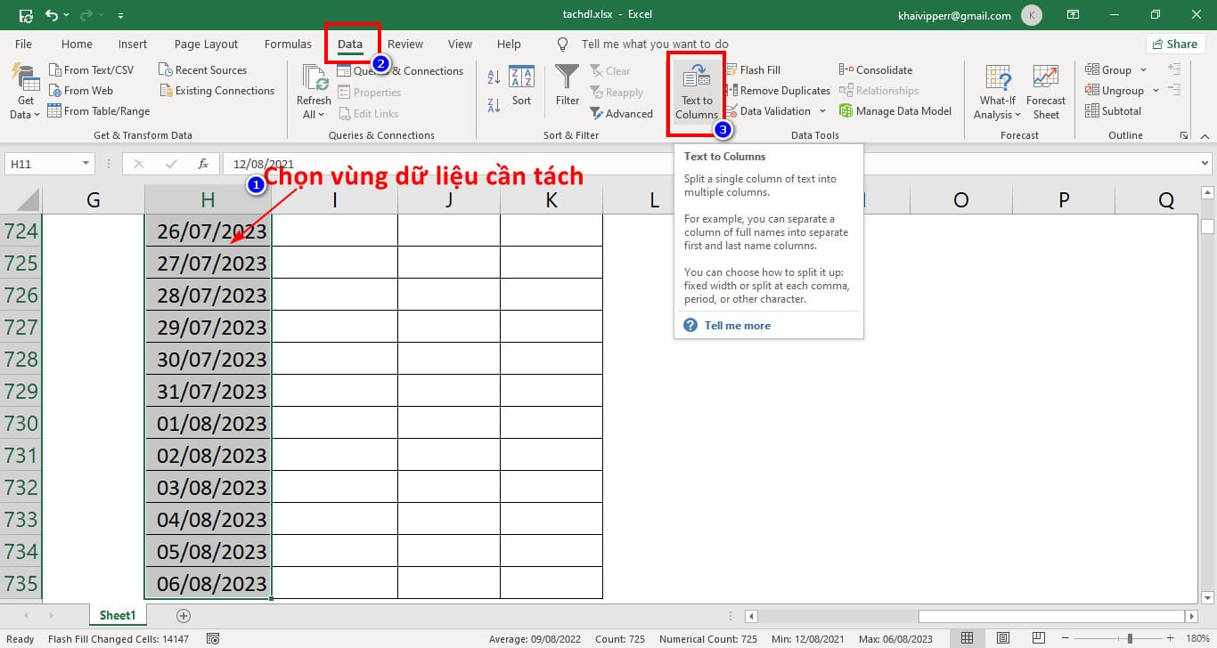 Chọn vùng dữ liệu và dùng Text to Columns