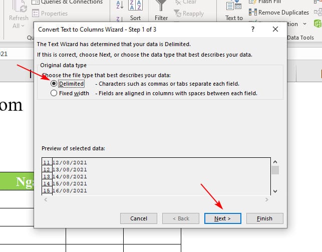 Chọn Delimited để tách chuỗi dữ liệu