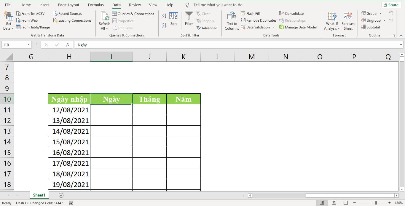 Tách ngày tháng trong Excel