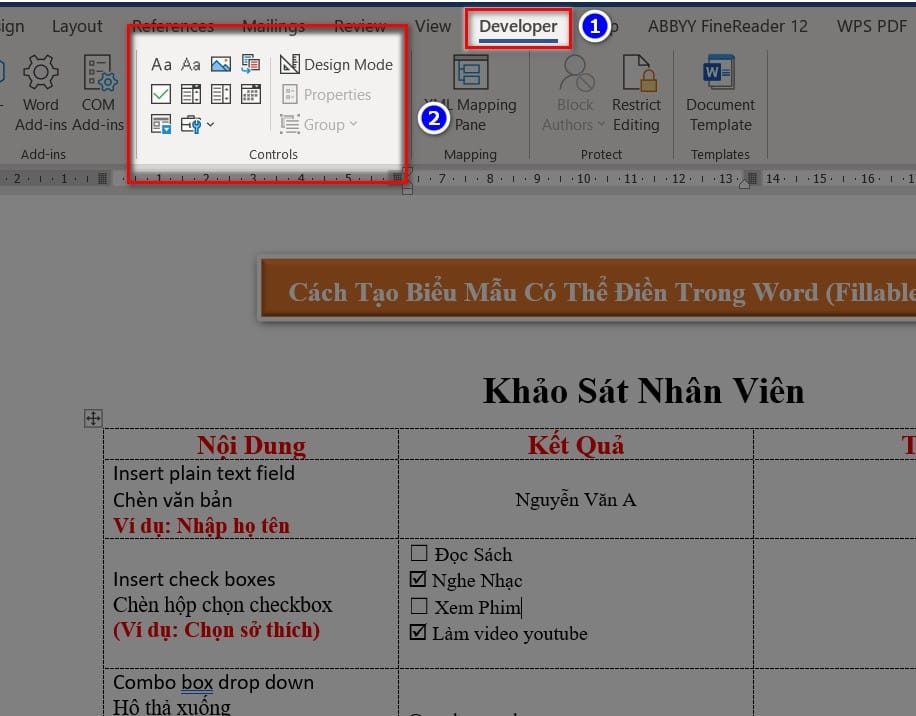 chọn kiểu trường trong nhóm control