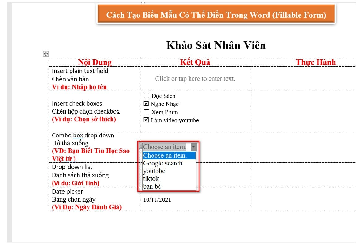nội dung chọn của phần combo box