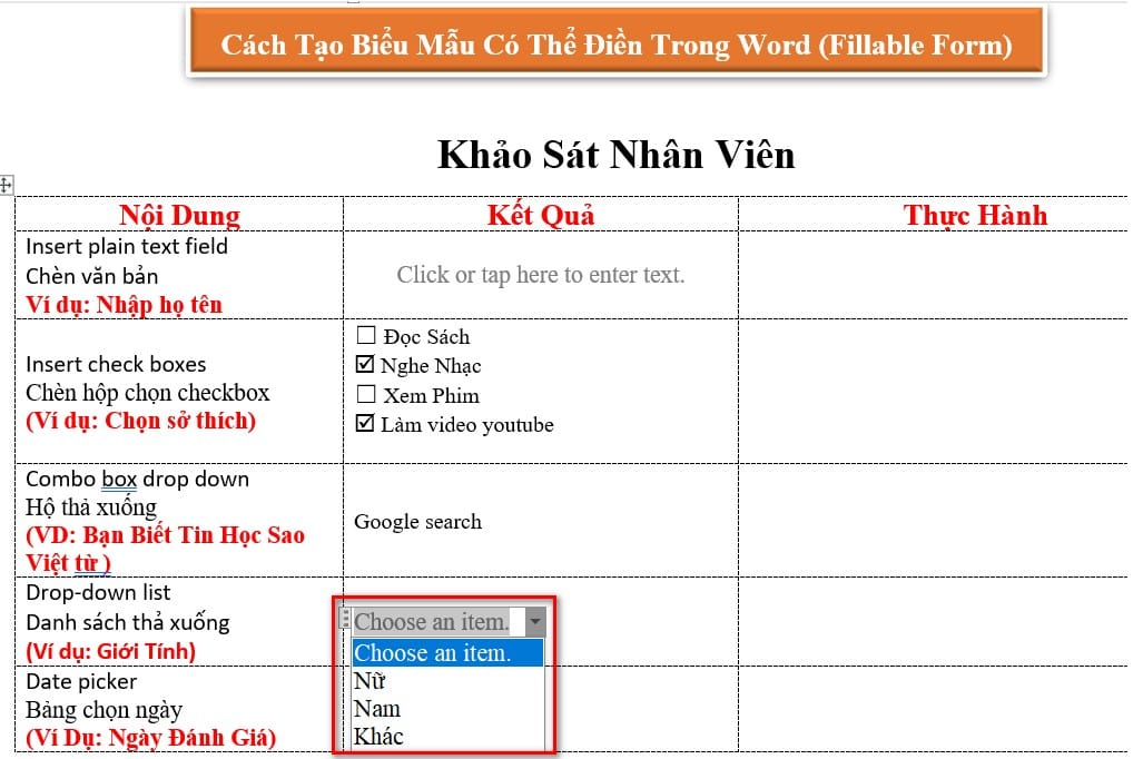 nội dung chọn của phần drop down